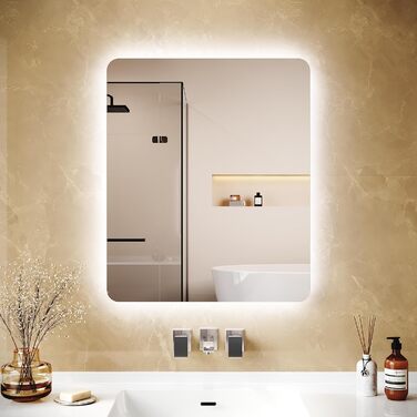 Дзеркало для ванної кімнати LOMIKEN з підсвічуванням, 60 x 50 x 3,5 см, LED, 6400K, холодний білий, енергозбереження, вертикальне/горизонтальне кріплення