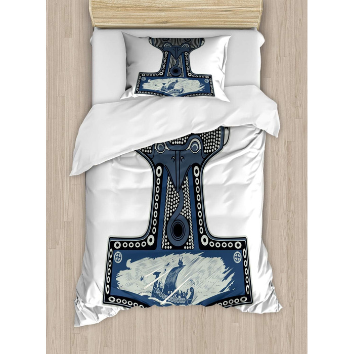 Комплект підковдр ABAKUHAUS Viking Односпальне ліжко, скандинавські фольклорні мотиви, м'яка форма Високоякісна підковдра 170х220 см з 2 предметів з 1 наволочкою, синій сірий синій сірий темно-синій