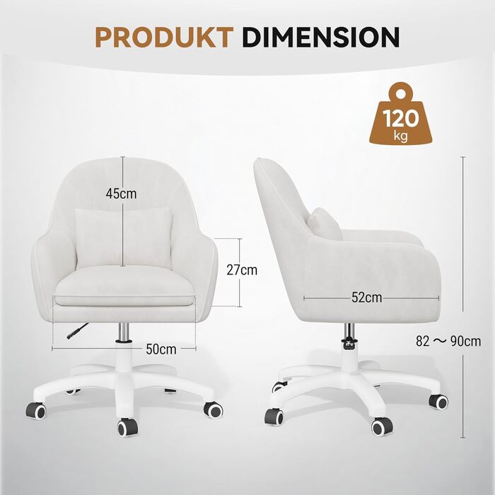 Крісло Aivermeil для дому та офісу, з м'якою оббивкою з велюру, з підголовником, поворотне, регульоване по висоті, ергономічне, для робочого кабінету, спальні, до 120 кг, біле