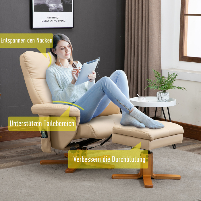 Крісло відкидне HOMCOM Modern, Крісло під телевізор з табуреткою для ніг, Поліестер, Кремово-білий
