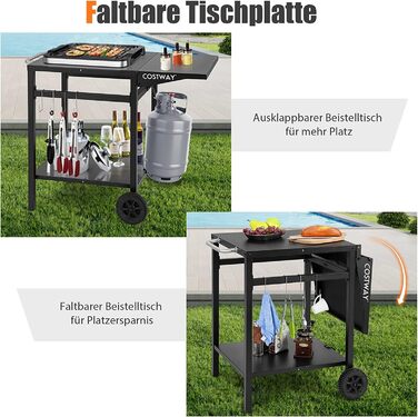 Grillwagen COSTWAY з відкидною стільницею, мобільний гриль-стіл з 2 полицями та 4 гачками, металевий гриль для зовні, візок для грилю та вулична кухня, чорний
