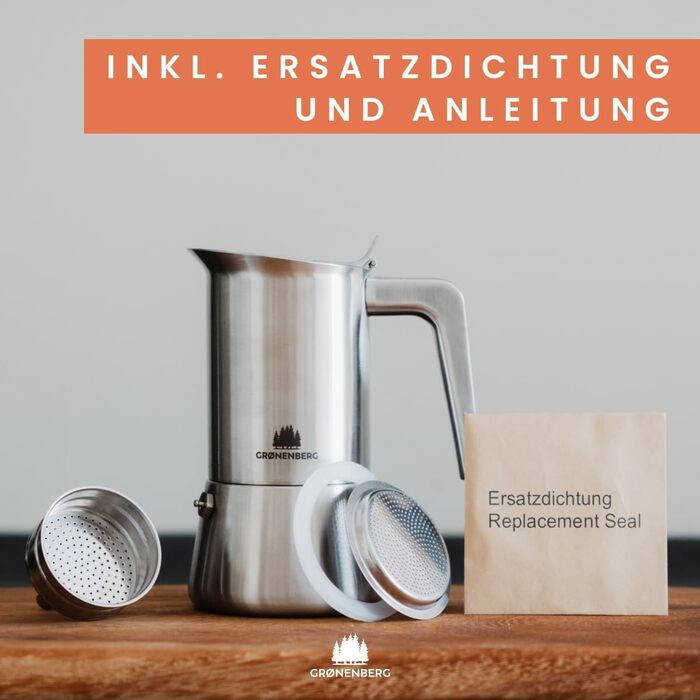 Еспресокавоварка Induktion Groenenberg 4-6 чашок | Нержавіюча сталь, замінна прокладка, редукторне сито 4 чашки (200 мл)
