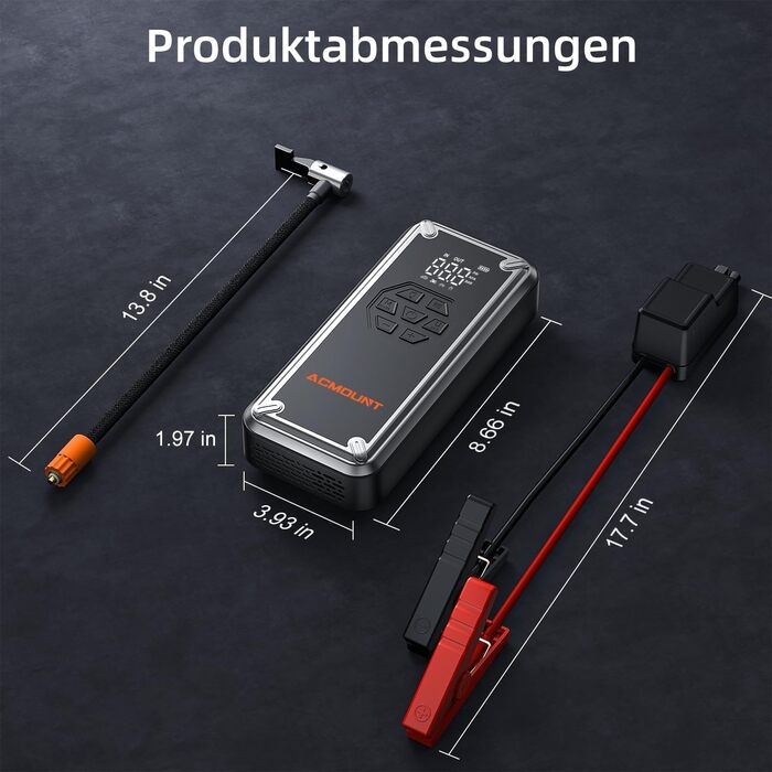 Powerbank для авто Acmount Starthilfe з компресором, 7000A, 150PSI, LCD, LED, для бензинових та дизельних авто (до 9L/8L)