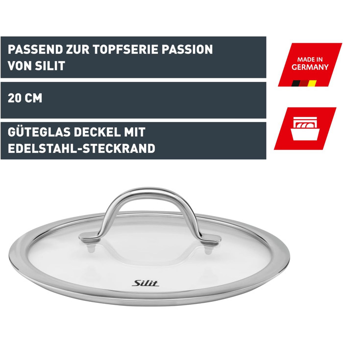 Скляна кришка для каструль та сковорідок Silit Passion, 20 см, термостійке скло з металевою ручкою, підходить для посудомийки