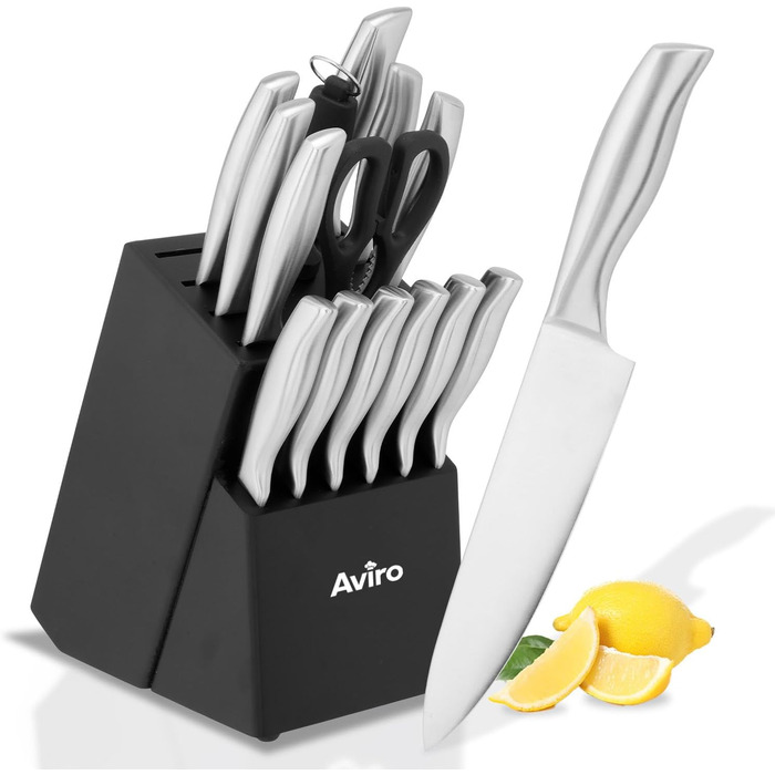 Набір ножів Brixy Messerset 16 предметів у блоці: ножі, шліфувальник, ножиці. Нержавіюча сталь, срібно-чорний колір, стійкий до подряпин.