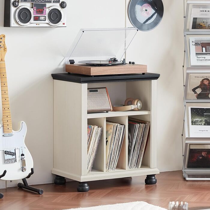 Стійка для програвача LELELINKY: полиця для 200 платівок, дерев'яний стіл для вітальні, спальні, офісу, білий