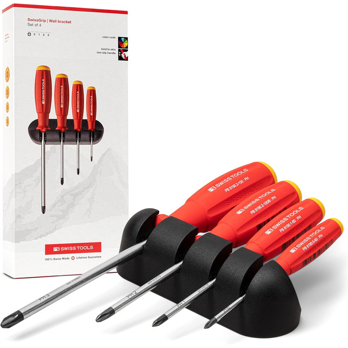 Набір викруток PB Swiss Tools Phillips PB 8242 100 швейцарського виробництва Набір викруток SwissGrip PH 0/1/2/3 з 4-ма предметами, включаючи практичний настінний кронштейн з 4-х предметів червоного/жовтого кольору