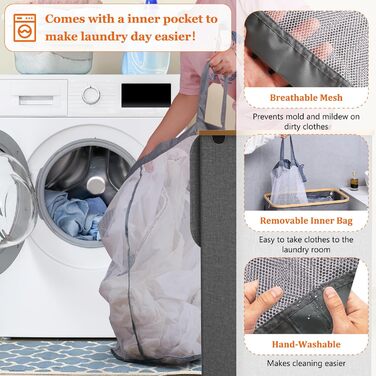 Кошик для білизни з кришкою, вузький, бамбукові ручки, внутрішня кишеня, складний, переносний, 95л, темно-сірий