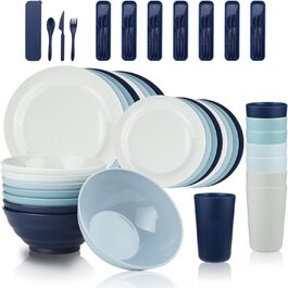 Набір пластикового посуду BEWOS 40 пакетів, що не б'ється, кемпінговий посуд на 8 персон, тарілки, чашки, миски та столові прибори, що не б'ються, пластикові столові прибори, які можна мити в посудомийній машині та мікрохвильовій печі 40 шт. у кольорах Morandi
