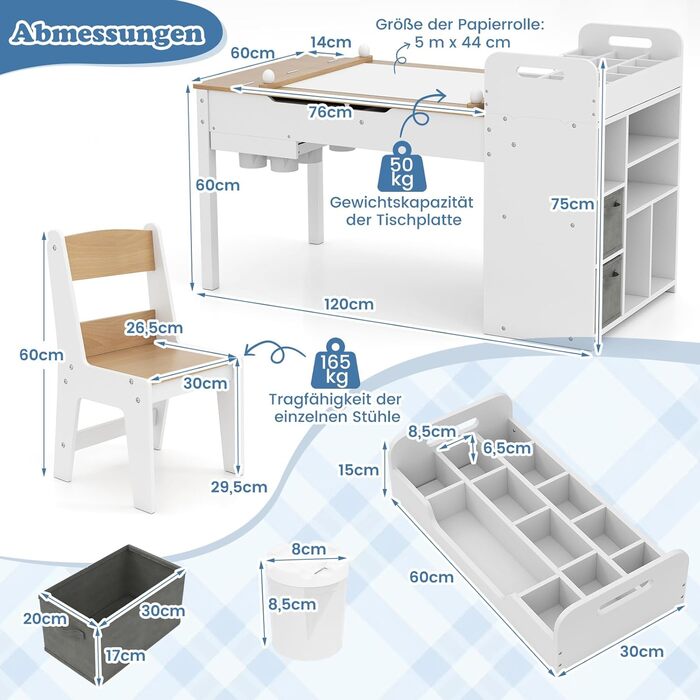 Дитячий стіл COSTWAY 3 в 1 з 2 стільцями: стіл для малювання, мольберт, місце для зберігання. Дерев'яний дитячий стіл-трансформер, 120 x 60 x 60 см (натуральний колір).