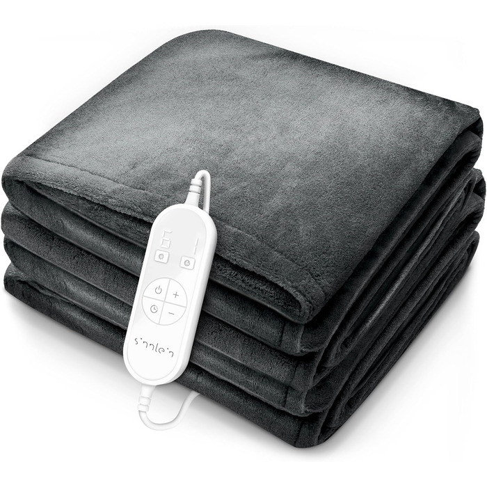 Електрична гріюча ковдра 200x180 см сірого кольору | з таймером та 9 рівнями нагріву | Плюшева ковдра, пральна до 40°C, цифровий дисплей