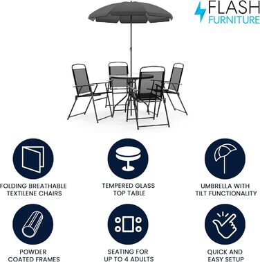 Садовий набір меблів Flash Furniture Nantucket 6 предметів коричневий: стіл, парасоля та 4 складані стільці (чорні)