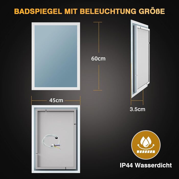 Дзеркало для ванної кімнати з підсвічуванням LED, антизапар, 2 кольори світла (3000K/6500K), вимикач-клавіша, прямокутне, 45 x 60 см