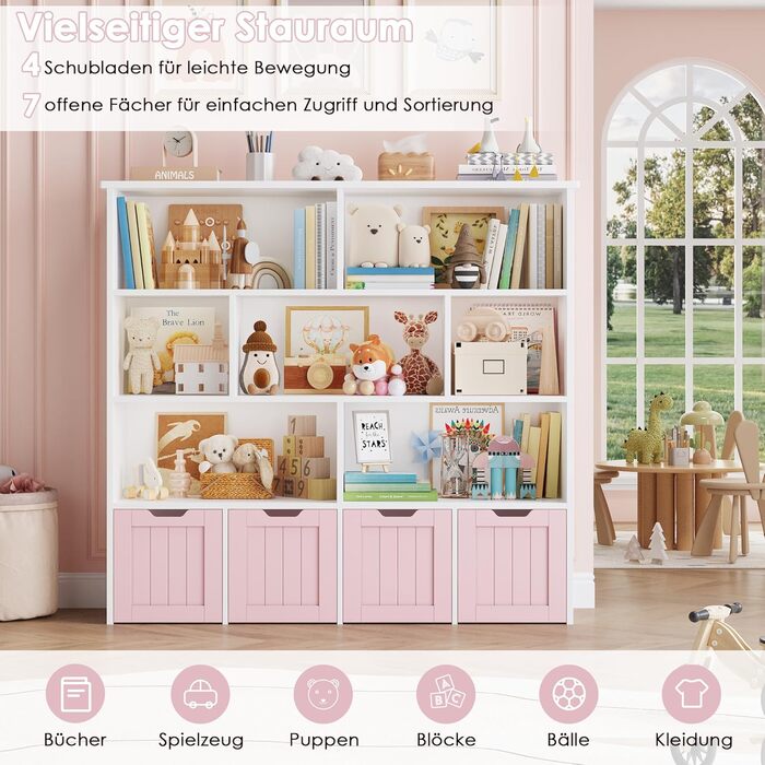 Дитяча полиця FOREHILL з коробками на колесах, 4 яруси, меблі для дитячої кімнати, іграшковий та книжковий стеллаж, рожевий, 125.5x33x118 см