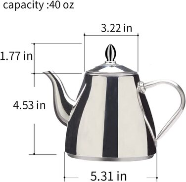 Чайник з нержавіючої сталі SANQIAHOME з ситечковою вставкою кавник з фільтром Чайник для прямого заварювання в чайнику порожнисті ручки сімейний або ресторанний чайник 60 унцій 2000 мл (2,0 л) (з чайним фільтром, 1,2 літра)