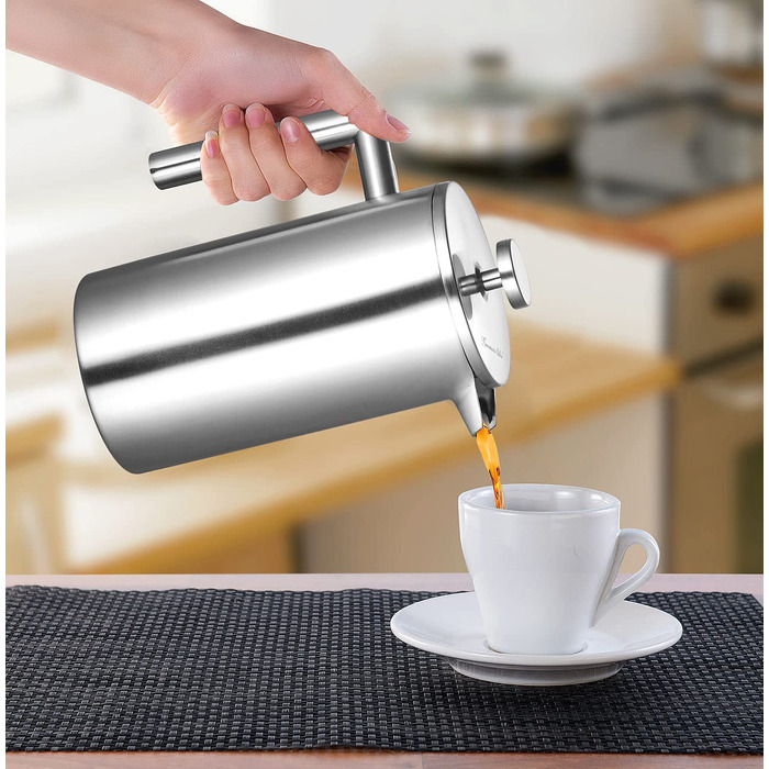 Кавоварка French Press Rosenstein & Söhne з нержавіючої сталі, 1 л, з подвійними стінками, для приготування кави та спінювання молока