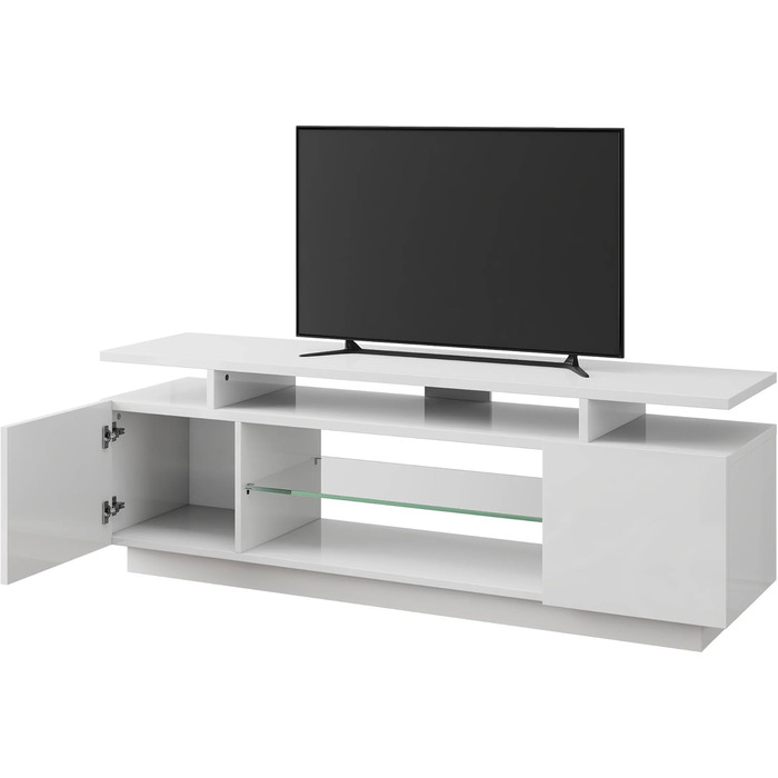Тумба під TV Luxoak з LED підсвічуванням, білий глянцевий лак, 160x38.5x54.5 см. Підходить для телевізорів до 75 дюймів, з 2 дверцятами та регульованою скляною полицею. Для вітальні та спальні.