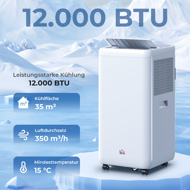 Мобільний кондиціонер з відвідним шлангом 12 000 BTU / 3,5 кВт, 5-в-1, з 24-годинним таймером та пультом дистанційного керування для приміщень до 35 м²