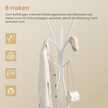 Вільна стійка для одягу WOLTU у вигляді дерева з полицею та 9 гачками, для одягу, шапок та сумок, біла, металева