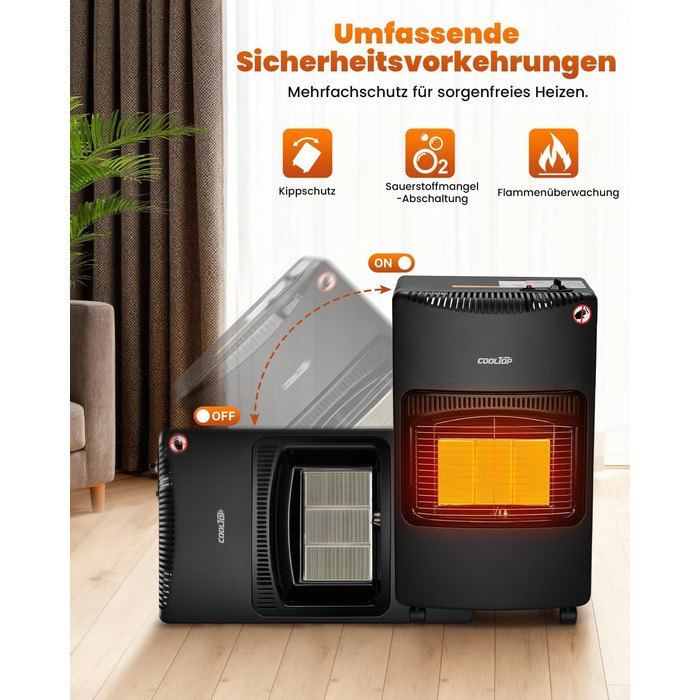 Газовий обігрівач Cooltop 4200W з керамічним нагрівачем, для дому, на бутан/пропан, без балончика, з регулятором та шлангом (чорний)