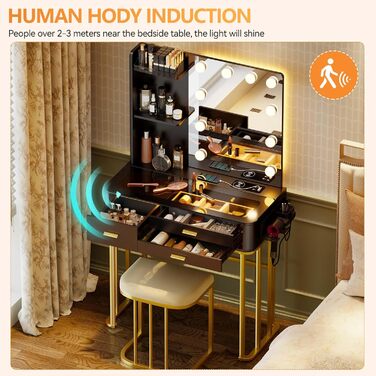 Трюмо Lvifur з дзеркалом у стилі Голлівуд, 10 регульованих лампочок, пуф, ящик, станція зарядки, USB-порт, чорний колір