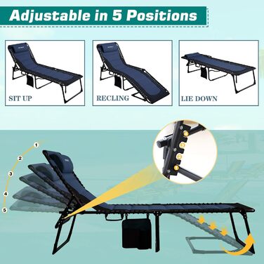 Великий розкладний шезлонг для саду: 5 положень спинки, Outdoor, XXL, триногий, для пляжу/кемпінгу, до 150 кг, з подушкою та кишенею, 200x68 см, сірий (Navy_s, 190x59 см)