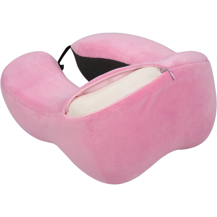 Набір подушок для шиї WELLGRO з 3D маскою для сну і затичками для вух - знімний чохол - Застібка-блискавка з піноматеріалу з ефектом пам'яті - в комплекті. Сумка для зберігання-Дорожня подушка - вибір кольору, Колір (Рожевий)