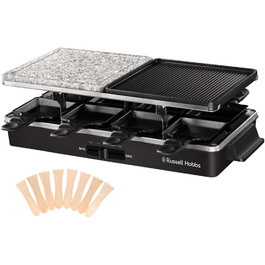 Ракуетниця Russell Hobbs Raclette Grill 8 осіб з 8 сковородами та дерев'яним шпателем, 2 грильні поверхні: з натурального каменю з жолобом для соку та антипригарне поворотне решітка/Teppanyaki, гриль для піци, 26280-56