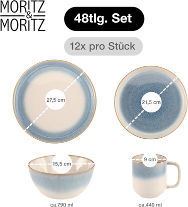 Набір посуду Moritz & Moritz TARENTO 48 предметів (12 осіб) - 48-місний набір посуду з високоякісної кераміки, 12 обідніх тарілок, 12 десертних тарілок, 12 супових тарілок та 12 чашок, блакитний колір
