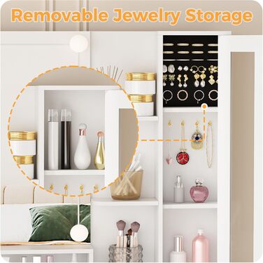 Великий туалетний столик ANWBROAD з LED-підсвічуванням (3 кольори) та розетками, білий, з дзеркалом та пуфом, 5 ящиків, скляні дверцята, 140x115x40 см, BDT68W