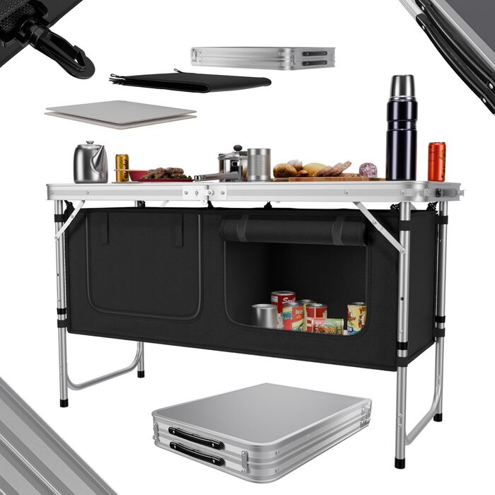 Складана туристична кухня 24MOVE® з регульованою висотою, з робочою поверхнею та відсіками для зберігання, чорна