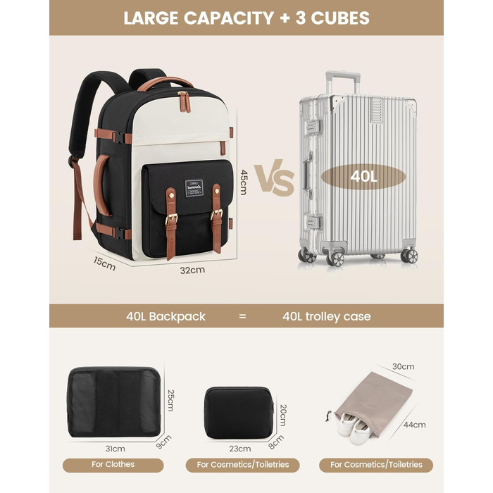 LOVEVOOK Рюкзак для ручної поклажі, жіночий рюкзак для подорожей, водонепроникний рюкзак для ноутбука 17 дюймів, шкільний рюкзак для жінок/студенток, чорний, коричневий (45x32x15 см)