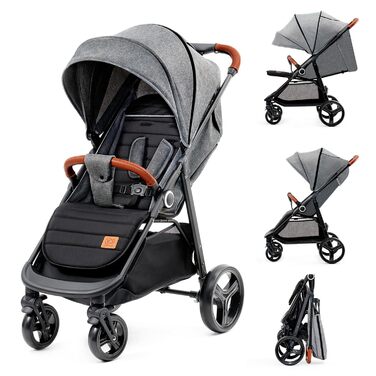 Дитяча коляска Kinderkraft GRANDE PLUS сірого кольору, від народження до 22 кг, складна однією рукою, з регульованою спинкою та великим козирком