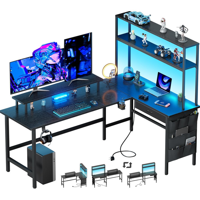 Ігровий стіл L-подібний 170x100 см з LED, 3 розетки, 2 USB, стіл для геймінгу та офісу, чорний