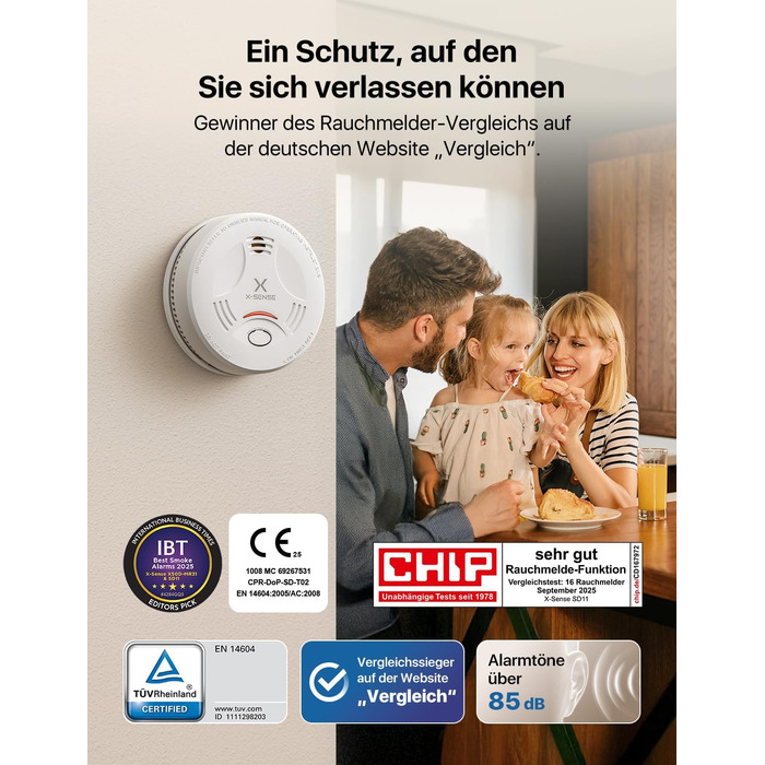 Датчик диму X-Sense з батареєю на 10 років, сертифікований TÜV Rheinland, з функцією вимкнення звуку та самотестування, SD11, набір 5 шт, білий