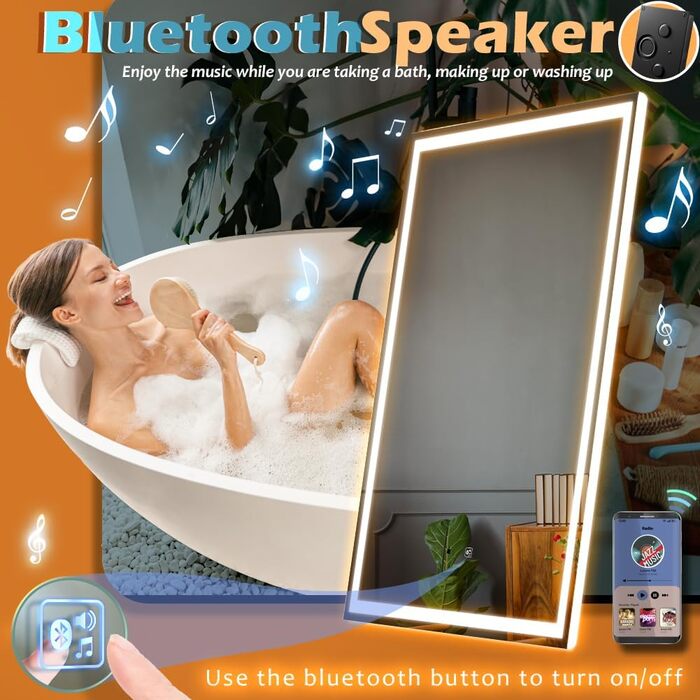 Дзеркало з LED-підсвічуванням та сенсором, з Bluetooth, регульоване освітлення, протитуманне, водонепроникне IP44, для ванної кімнати, 50 x 70 см