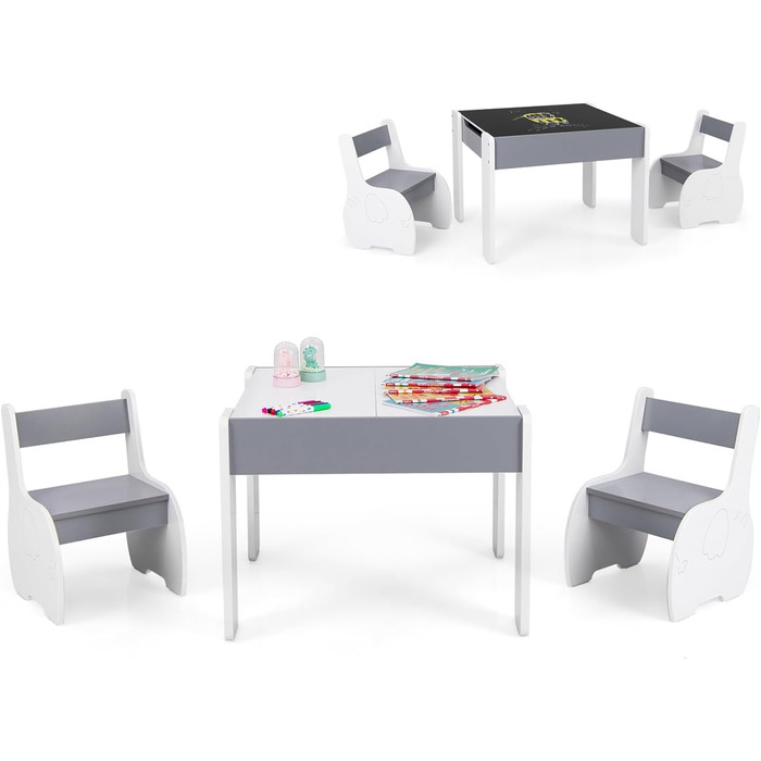 Дерев'яний дитячий стіл з 2 стільцями DREAMADE, 3-х частинний набір меблів для дітей, стіл з двосторонньою поверхнею та місцем для зберігання, набір меблів для хлопчиків та дівчаток (білий, світло-сірий)
