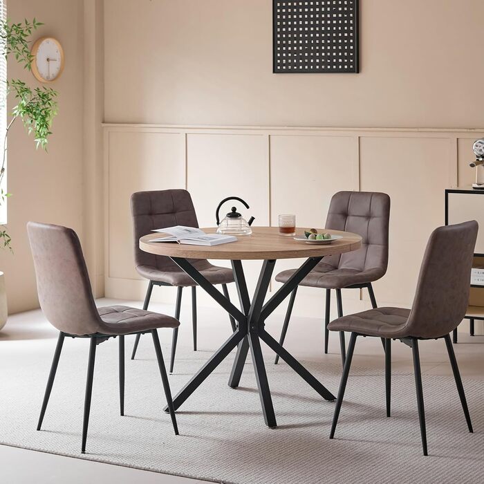Обідній комплект на 5 персон: круглий стіл 100 см та 4 стільці (голландський фліс). Підходить для кухні, вітальні, балкону, ресторану, офісу. Темне дерево + світле дерево (темно-коричневий)