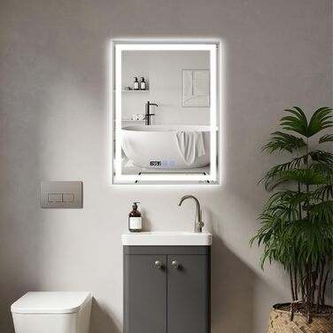 Дзеркало для ванної кімнати YOURLITE з підсвічуванням, 85x55 см, LED, сенсорне керування, 3 кольори світла, регулювання яскравості, антизапар, горизонтальне/вертикальне, IP44, білий (срібний, 80x60 см)