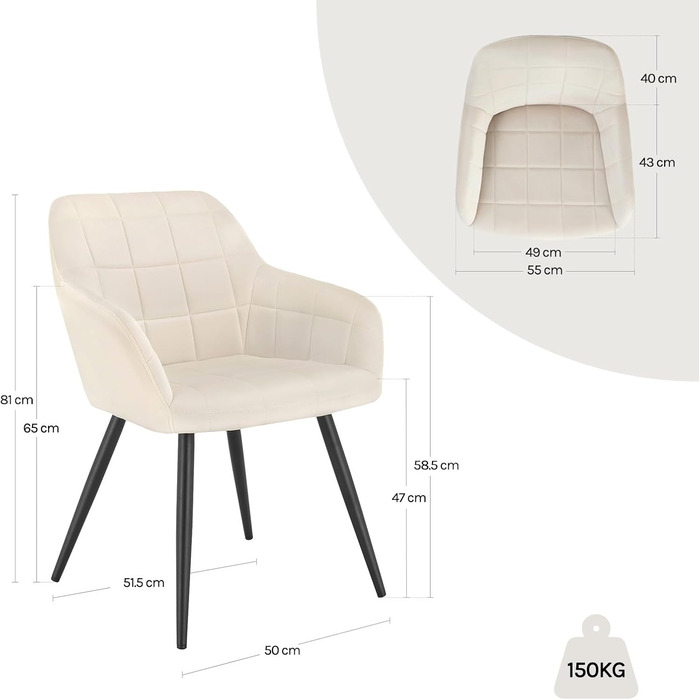 Крісла для їдальні WOLTU - 8 шт. М'які крісла з підлокітниками для кухні, вітальні, оббивка з велюру, металеві ніжки, кремовий колір