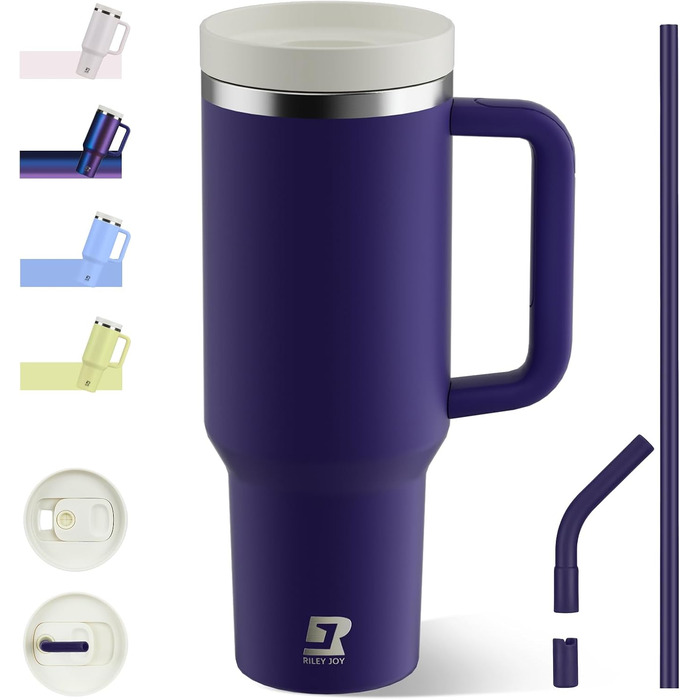 Термокружка-пляшка 1200 мл з трубочкою та антиковзним ручним захопленням, без BPA, з подвійними стінками для ізоляції, для автомобіля, офісу, відпочинку на природі (Пастельно-рожевий, Біло-рожевий, Глибокий фіолетовий)