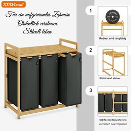 Бамбуковий сортувальник для білизни з 3 відділеннями, 148 літрів, 2 яруси, великий кошик для білизни з знімним мішком, прямокутна коробка для ванної, спальні та пральні, 77.5x41.3x100.5CM, Бежевий (Темно-сірий)