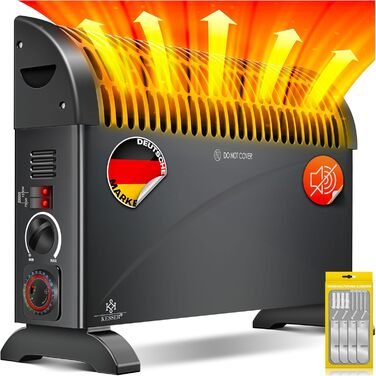 Конвектор KESSER 2000 Вт з таймером 24 год, захистом від замерзання, терморегулятором, турбонагрівом, 3 режими, ручки для перенесення, чорний