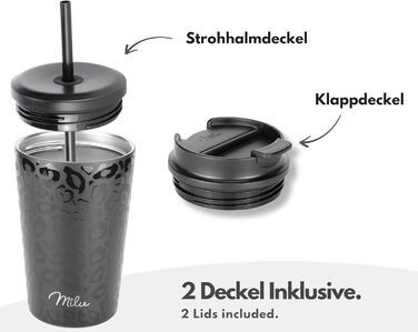 Термокружка Milu 400 мл - не протікає, з нержавіючої сталі, з трубочкою, ізольована, для кави/напоїв, чорна з леопардовим принтом, BPA-free