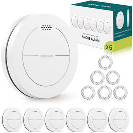 Набір датчиків диму Rauchmelder 6 шт. без світлодіодів, з батареєю на 10 років, клейкими панелями, функцією відключення звуку, 85 дБ, автономні плоскі датчики диму для пожежної безпеки вдома.
