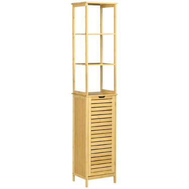 Шафа Kleankin Badschrank Bambus, 34 x 30 x 173 см, з 3 відкритими полицями та 1 шафкою, захист від перекидання, отвір для ручки, вільного стояння, для маленьких приміщень, натуральний колір | Aosom