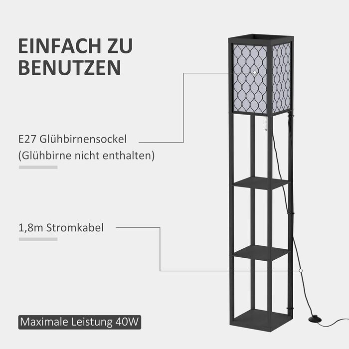 Торшер з поличками HOMCOM, від E27 до 40W, Дерево, Чорний, 26x26x160 см