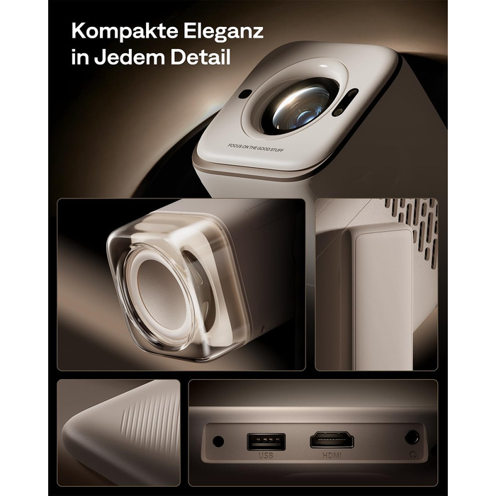 Портативний проєктор Aurzen Boom Air Mini з Google TV та Netflix, 4K, USB-C, Smart, Dolby Audio, WiFi, Bluetooth, автофокус TOF, поворотний штатив, кремово-білий