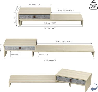 Подвійна підставка для монітора з фенге з шухлядою, регулюється по довжині та куту, 78,3-113x23,5x7,3 см (дуб)