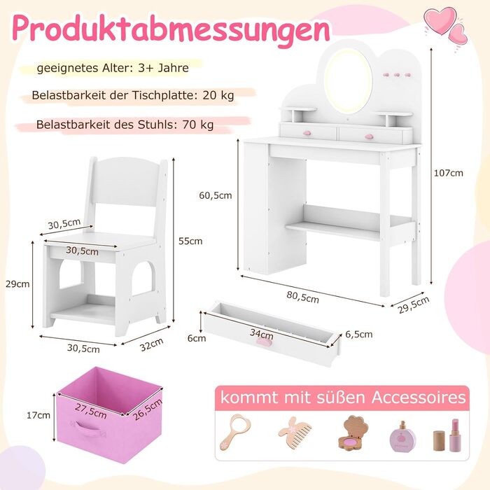 Дитячий туалетний столик COSTWAY у формі ведмедика з підсвіткою, дзеркалом, шафкою та 5 ящиками. Зроблений з дерева, ідеальний для дівчаток від 3 років. Косметичний столик-набір принцеси у формі хмари, білий колір.